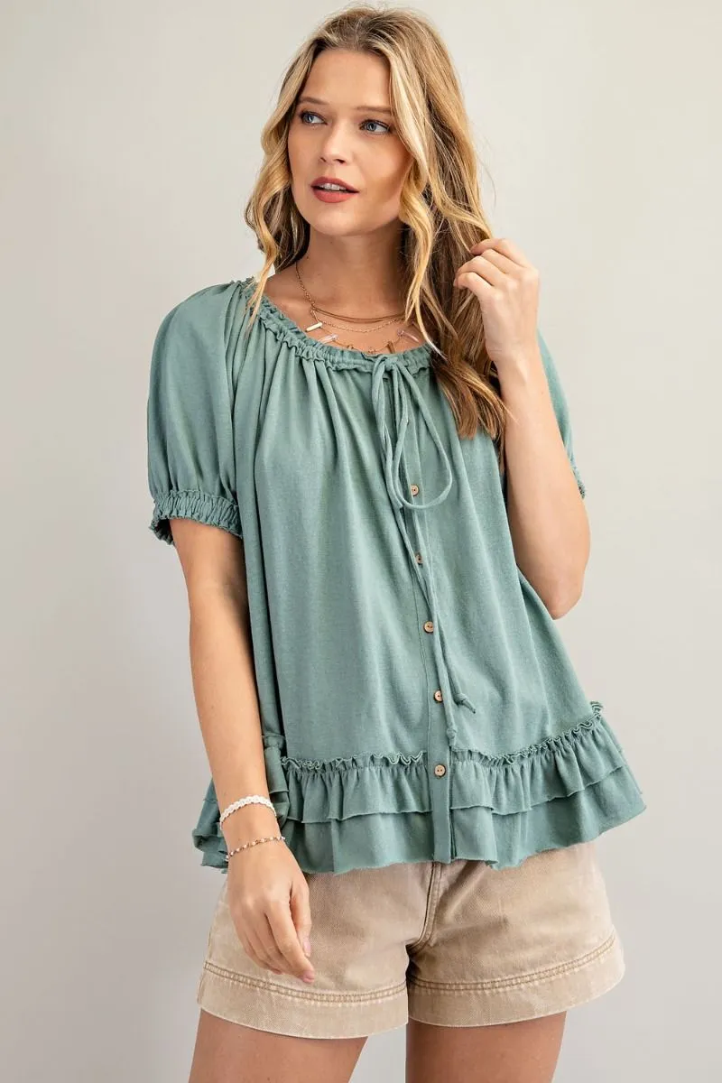 Cotton slub button-down top with double ruffle front