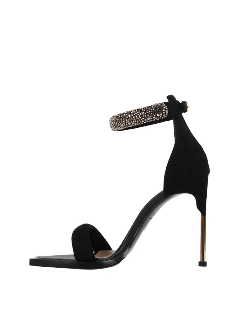 Crystal Suede High Heel Sandals, Black