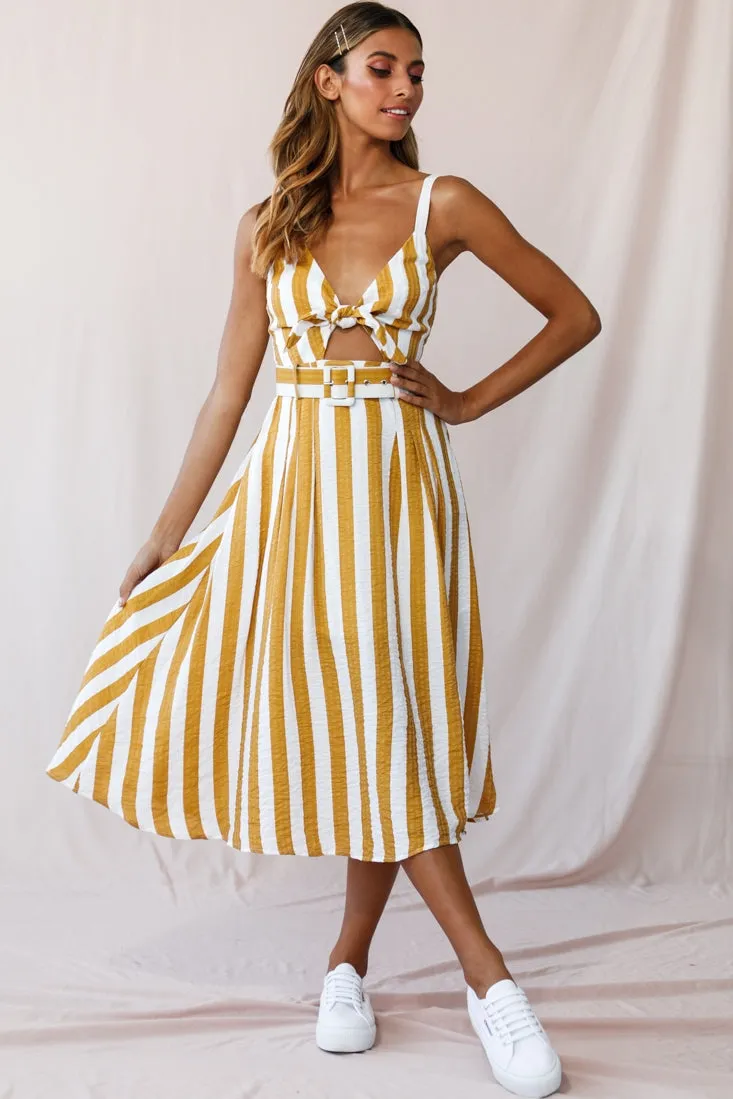 Crystal Tied Knot Belt Midi Dress Mustard