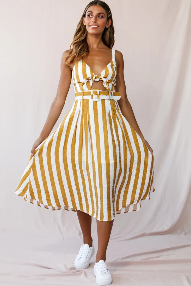 Crystal Tied Knot Belt Midi Dress Mustard