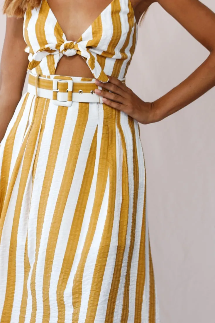 Crystal Tied Knot Belt Midi Dress Mustard