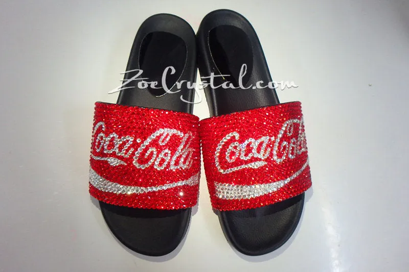 Customize Your SANDALS SLIDES Slippers in Summer Beach, Wedding, Fashion - Example of Bling Coke Cola -  Unique Shinny Swarovski Rhinestone