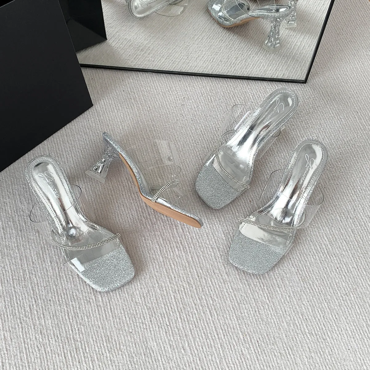 DEANWANGKT  Summer New Style Silver One Strap Transparent Rhinestone Sandals Women's Sexy Thick Heel Crystal Heel Sandals for Outer Wear