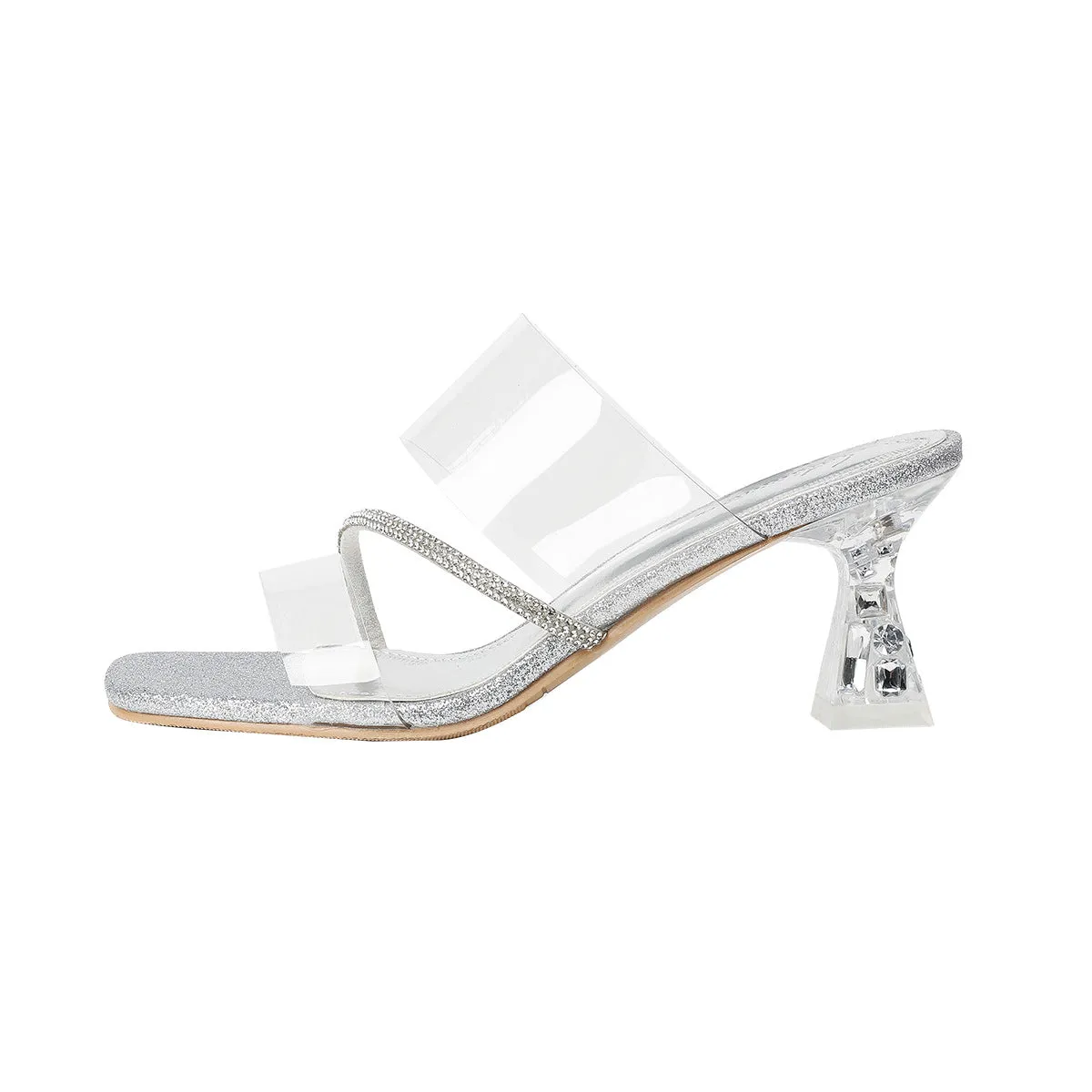 DEANWANGKT  Summer New Style Silver One Strap Transparent Rhinestone Sandals Women's Sexy Thick Heel Crystal Heel Sandals for Outer Wear