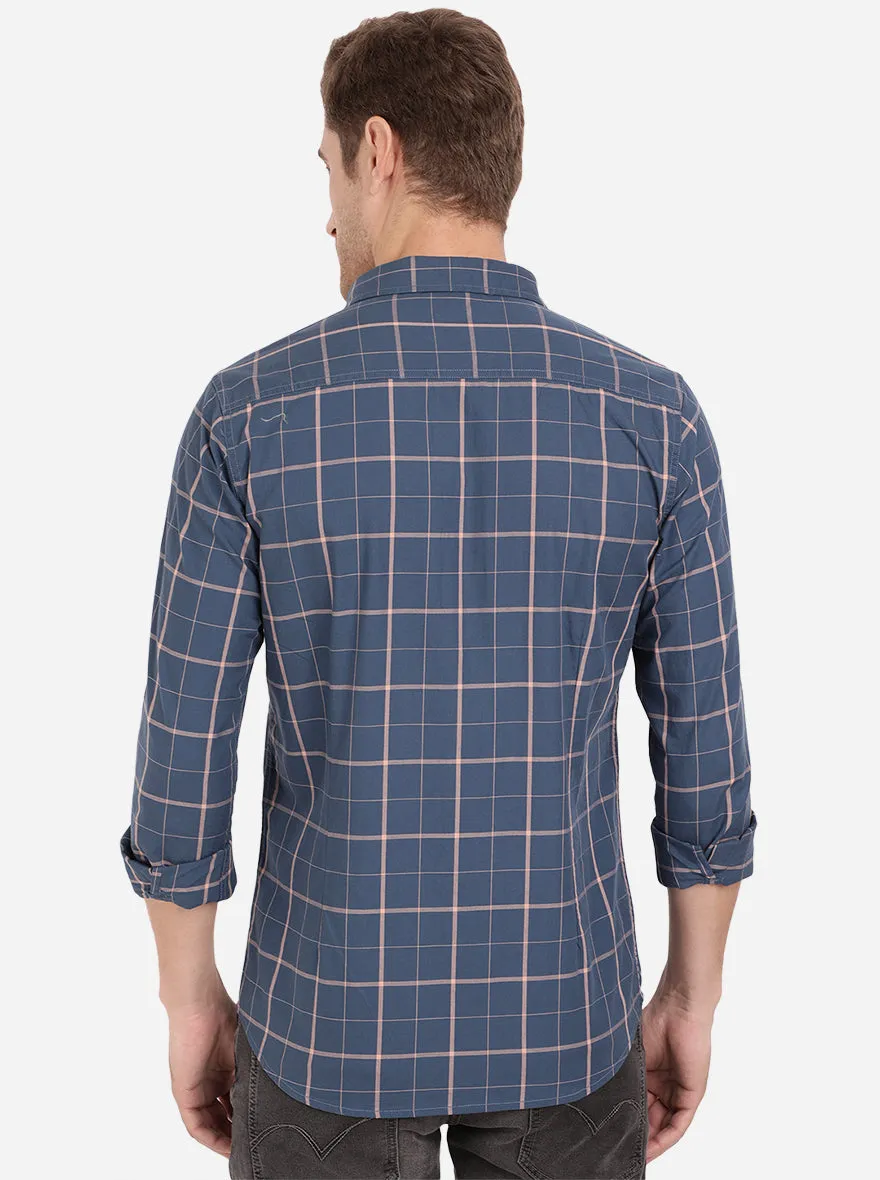 Deep Blue Checked Slim Fit Semi Casual Shirt | JadeBlue