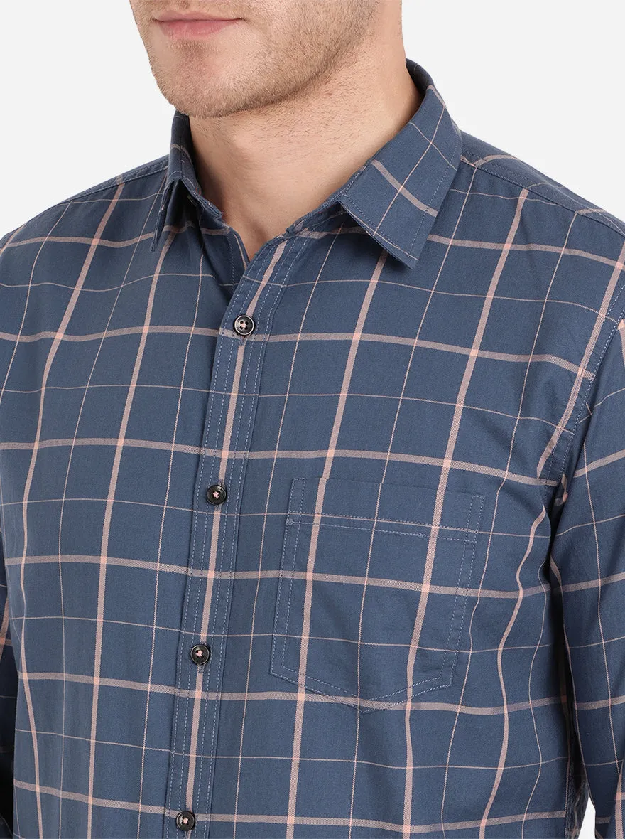 Deep Blue Checked Slim Fit Semi Casual Shirt | JadeBlue