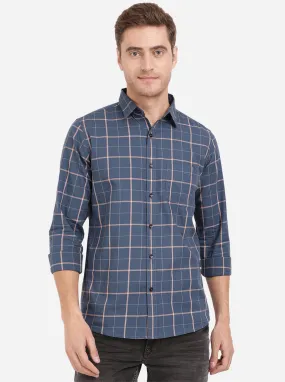 Deep Blue Checked Slim Fit Semi Casual Shirt | JadeBlue