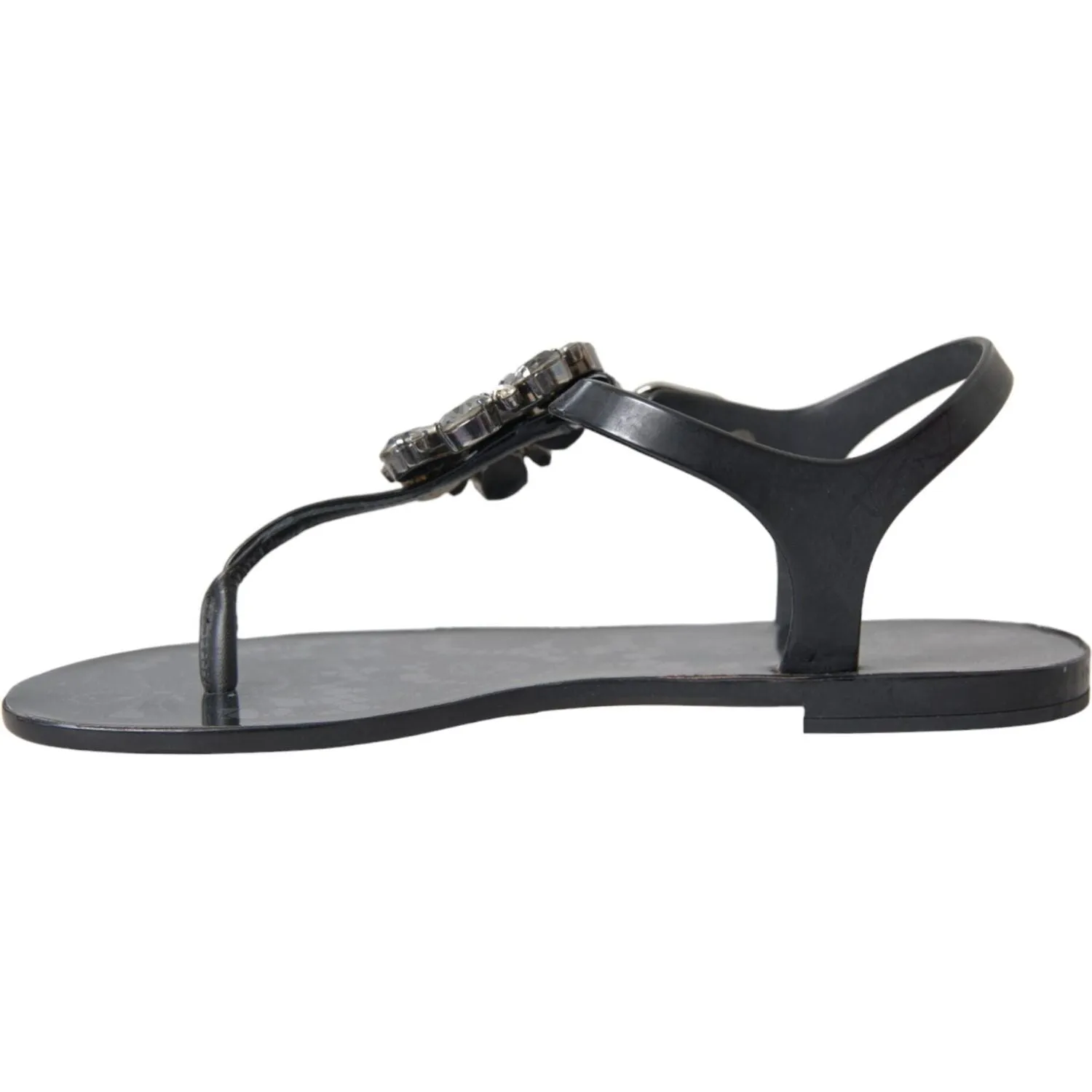 Dolce & Gabbana Black Crystal Flats Sandals Flip Flops Shoes