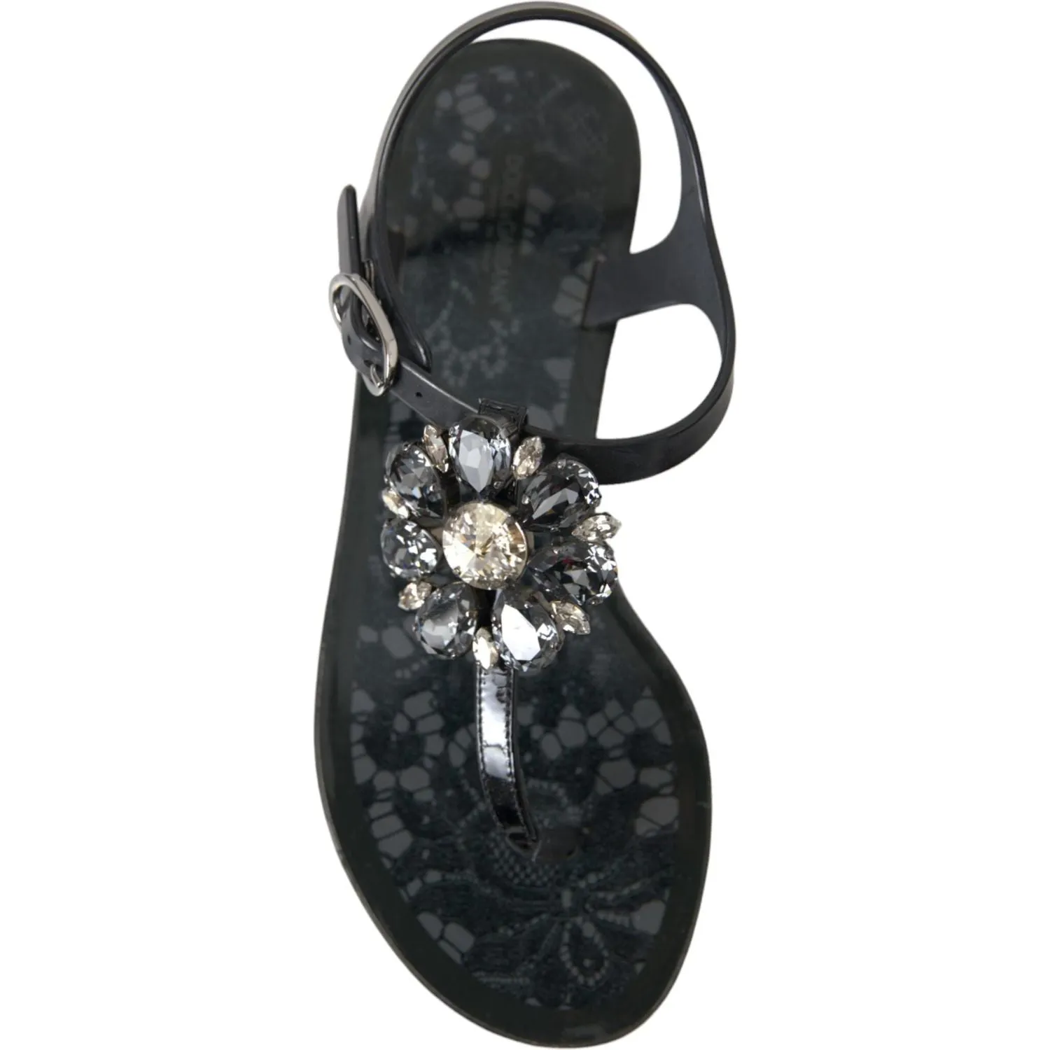 Dolce & Gabbana Black Crystal Flats Sandals Flip Flops Shoes