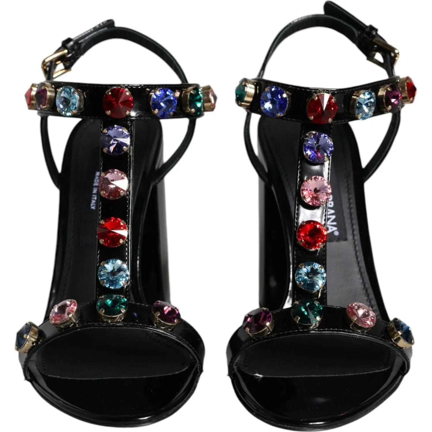 Dolce & Gabbana Black Crystal Leather T-strap Sandals Shoes