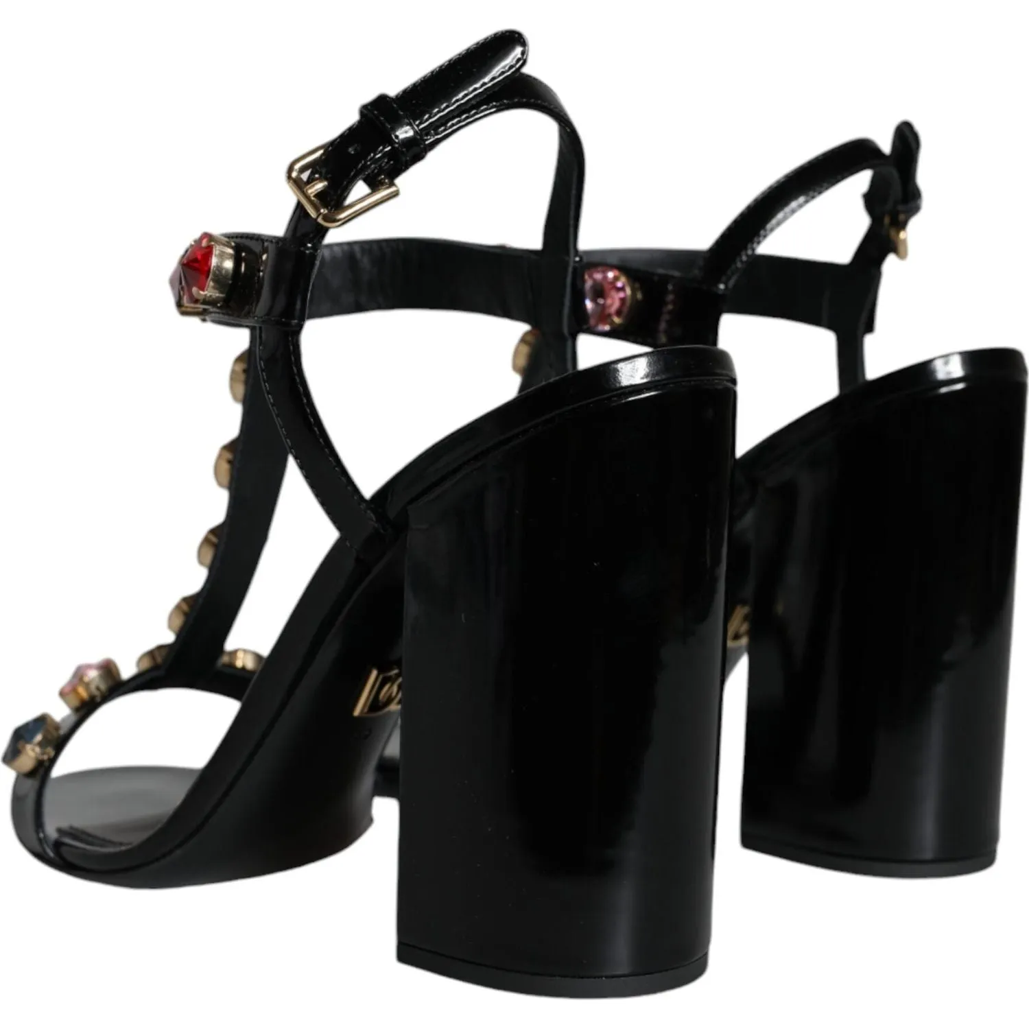 Dolce & Gabbana Black Crystal Leather T-strap Sandals Shoes