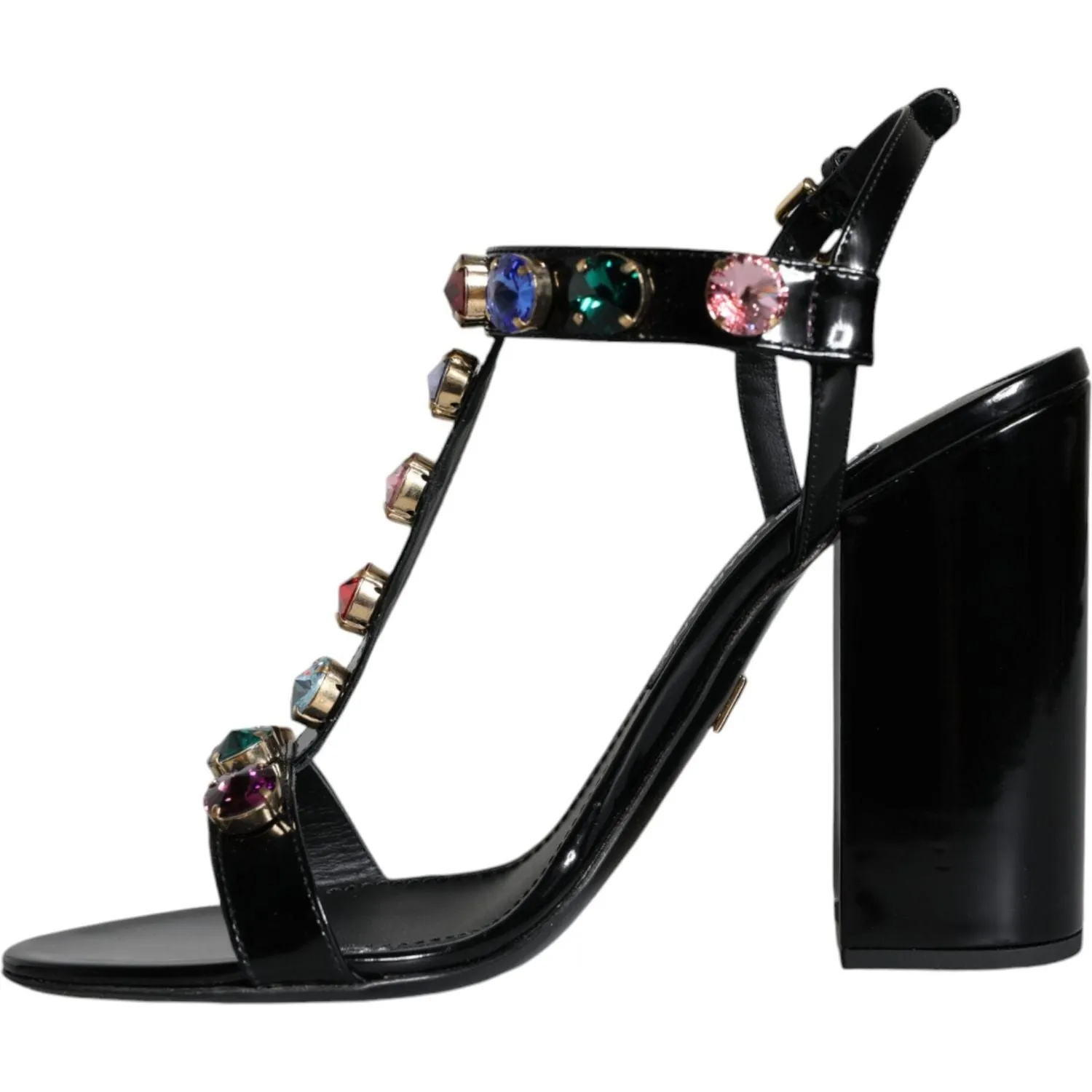 Dolce & Gabbana Black Crystal Leather T-strap Sandals Shoes