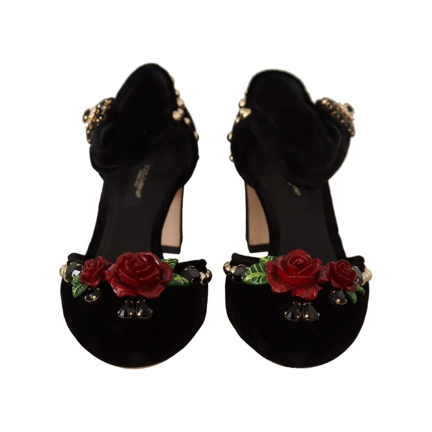 Dolce & Gabbana Black Crystal Rose Heel Sandals