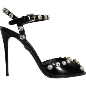 Dolce & Gabbana Black Leather Crystal Ankle Strap Sandals Shoes