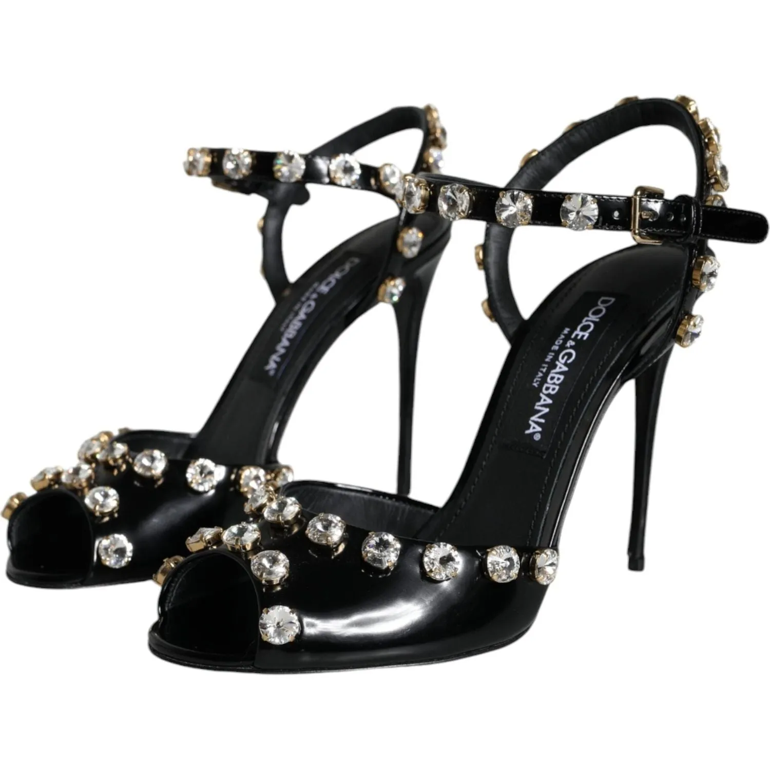 Dolce & Gabbana Black Leather Crystal Ankle Strap Sandals Shoes