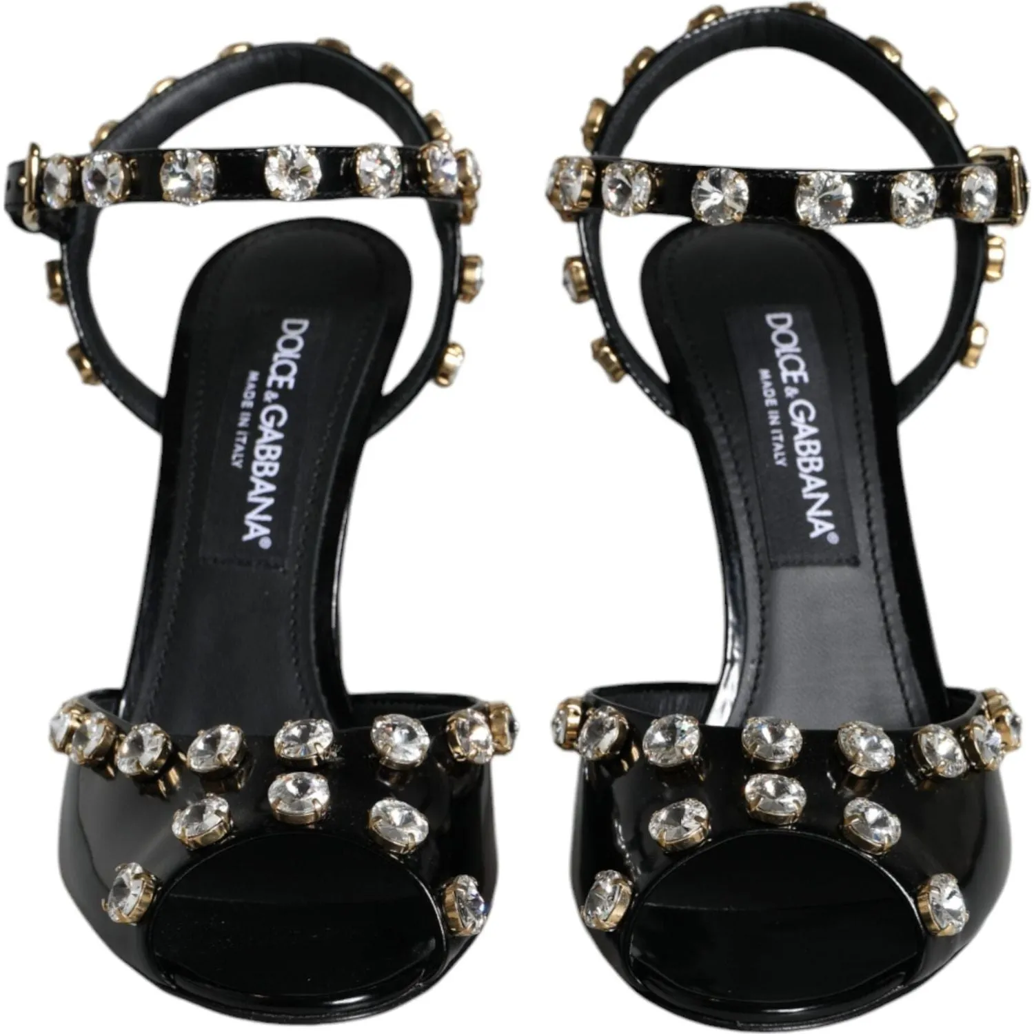 Dolce & Gabbana Black Leather Crystal Ankle Strap Sandals Shoes