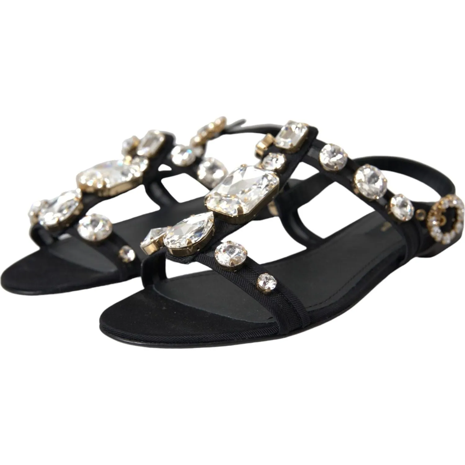 Dolce & Gabbana Black Leather Crystal Flats Sandals Shoes