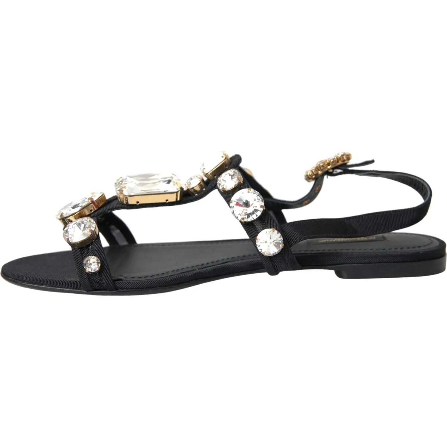 Dolce & Gabbana Black Leather Crystal Flats Sandals Shoes