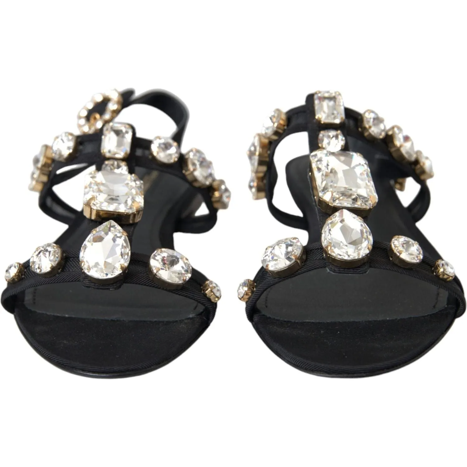 Dolce & Gabbana Black Leather Crystal Flats Sandals Shoes