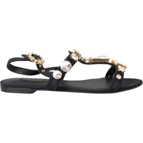 Dolce & Gabbana Black Leather Crystal Flats Sandals Shoes