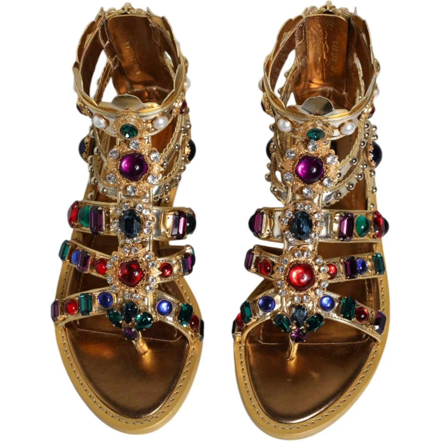 Dolce & Gabbana Gold Leather Crystal Gladiator Sandals Flats Shoes