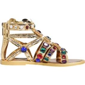 Dolce & Gabbana Gold Leather Crystal Gladiator Sandals Flats Shoes