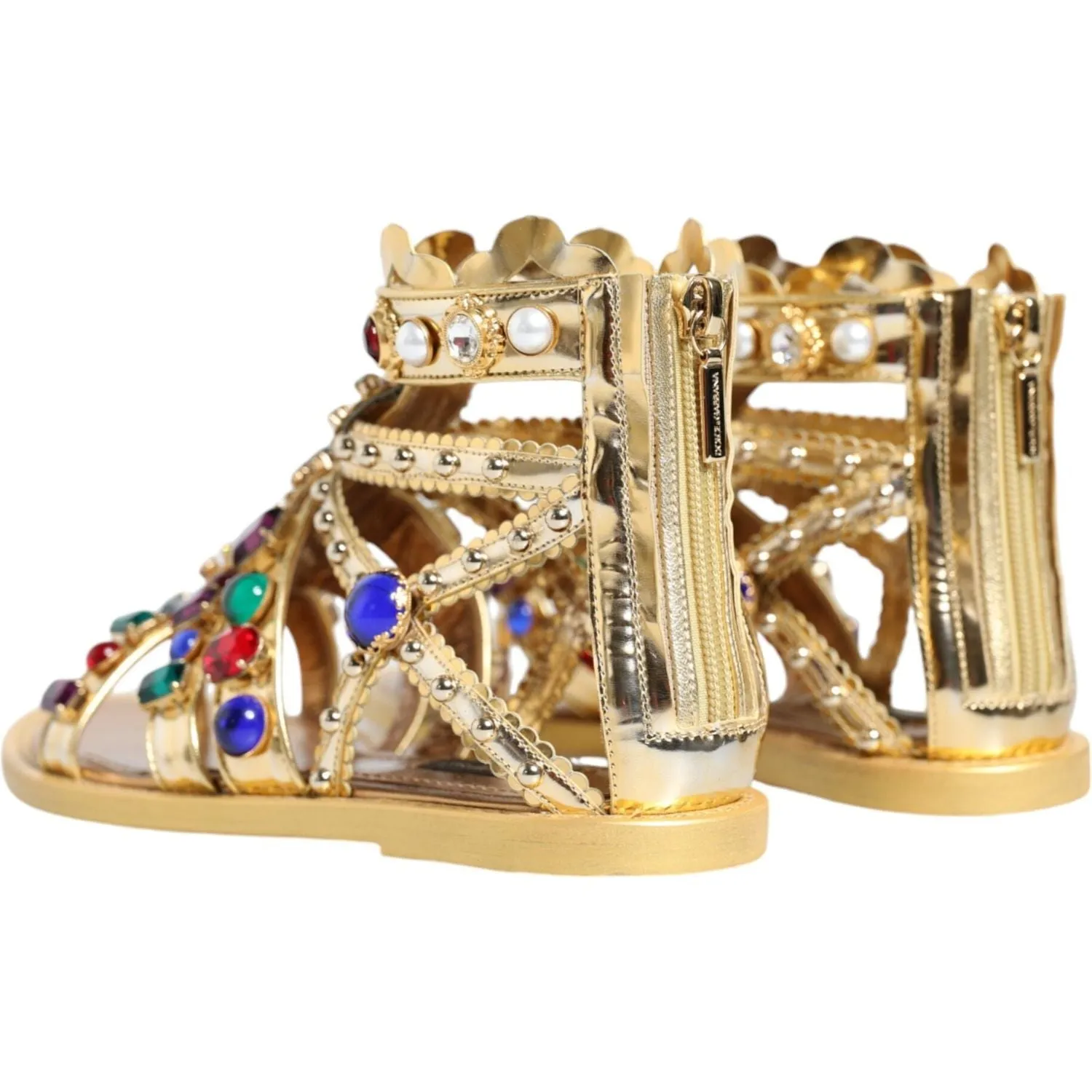 Dolce & Gabbana Gold Leather Crystal Gladiator Sandals Flats Shoes