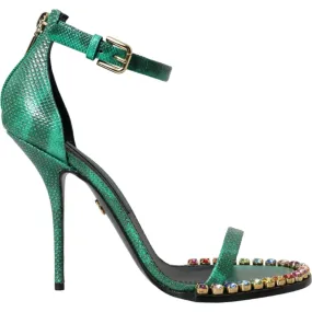 Dolce & Gabbana Green Exotic Leather Crystal Sandals Shoes