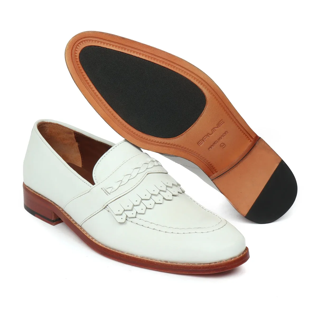 Dual Fringes Slip-On Loafers in White Leather with Weaved Strip by Brune & Bareskin