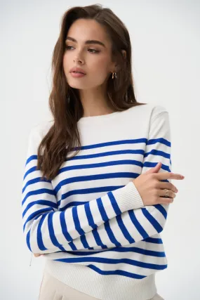 Electric Blue Striped Knit Sweater with a Crew Neck