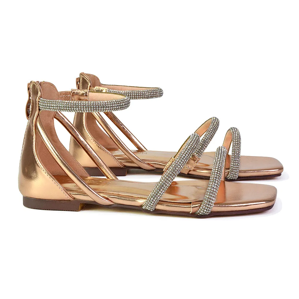 Esma Strappy Diamante Flat Sandals with A Square Toe in Gold