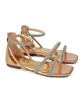 Esma Strappy Diamante Flat Sandals with A Square Toe in Gold