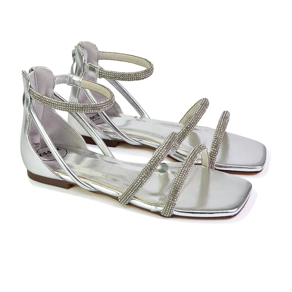 Esma Strappy Diamante Flat Sandals with A Square Toe in Gold