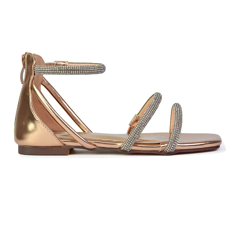 Esma Strappy Diamante Flat Sandals with A Square Toe in Gold