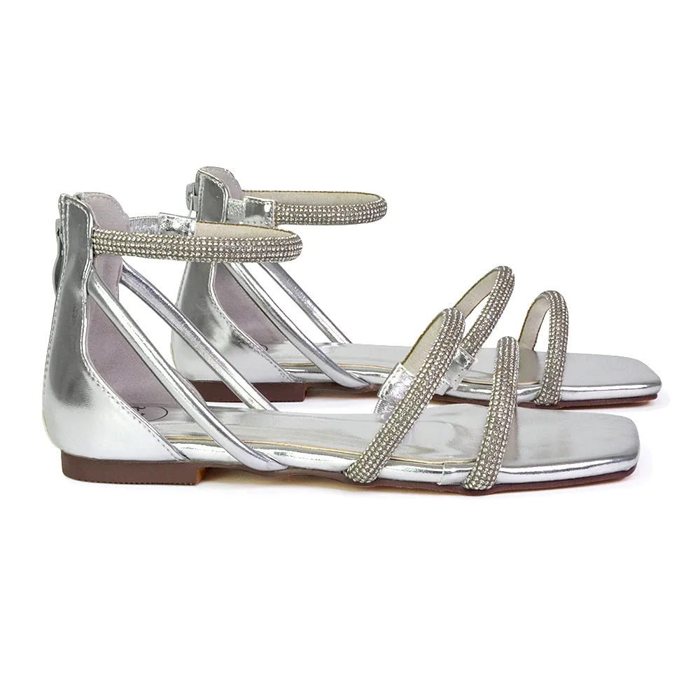 Esma Strappy Diamante Flat Sandals with A Square Toe in Gold