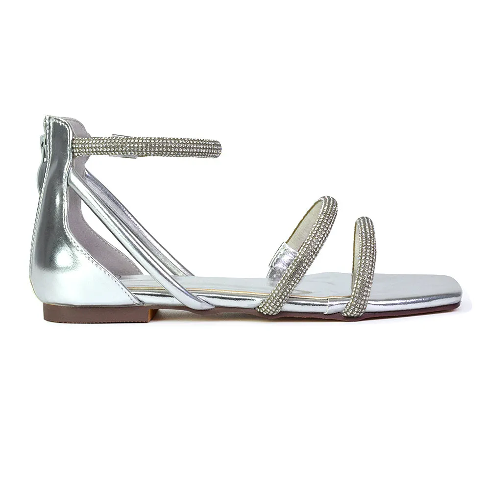 Esma Strappy Diamante Flat Sandals with A Square Toe in Gold