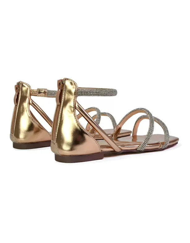 Esma Strappy Diamante Flat Sandals with A Square Toe in Gold