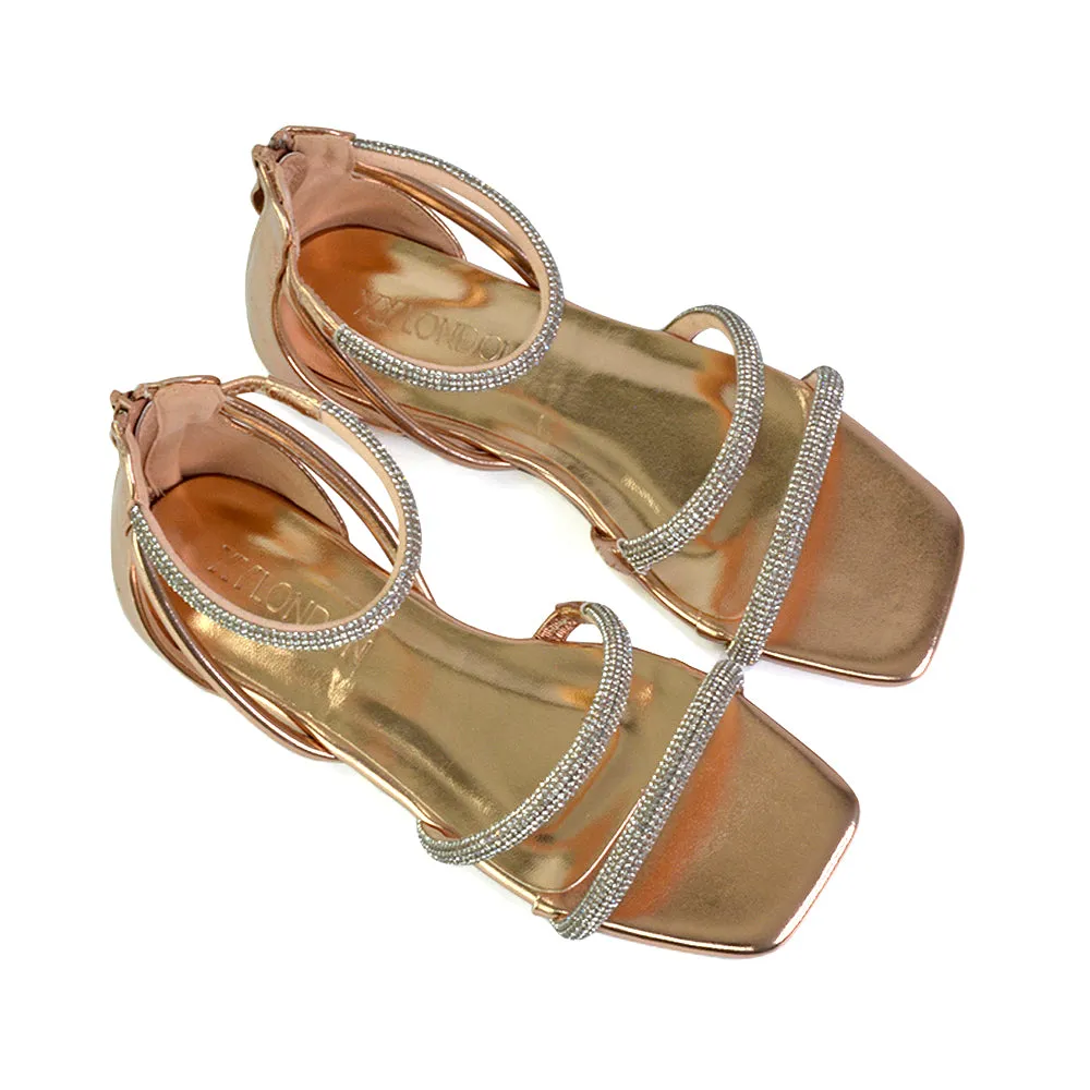 Esma Strappy Diamante Flat Sandals with A Square Toe in Gold