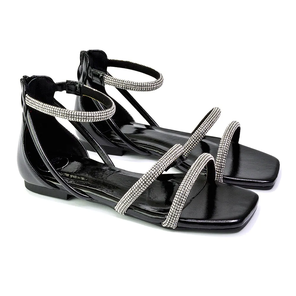 Esma Strappy Diamante Flat Sandals with A Square Toe in Gold