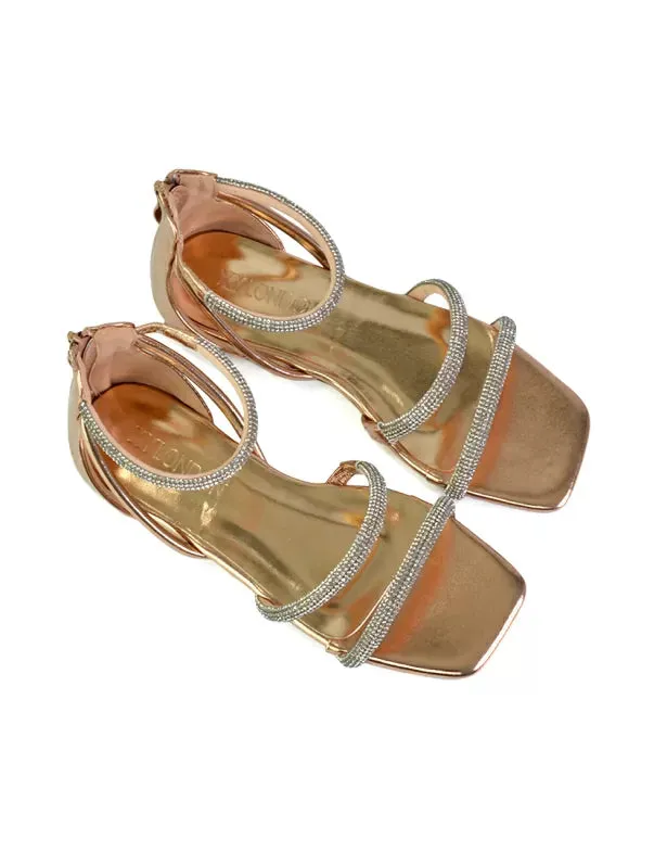 Esma Strappy Diamante Flat Sandals with A Square Toe in Gold