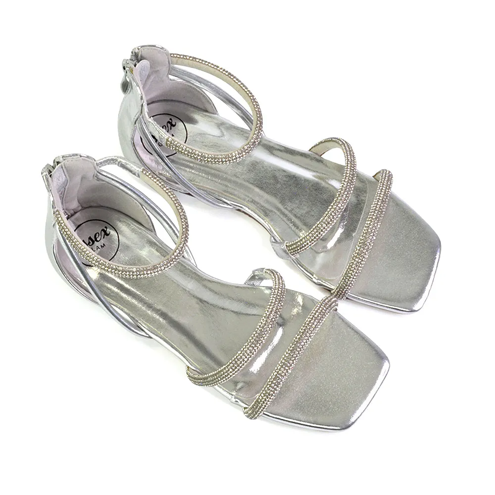 Esma Strappy Diamante Flat Sandals with A Square Toe in SIlver