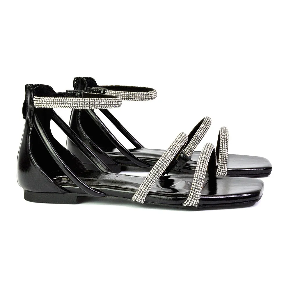 Esma Strappy Diamante Flat Sandals with A Square Toe in SIlver