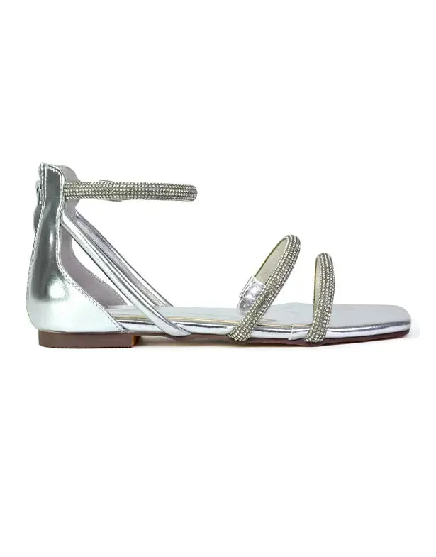 Esma Strappy Diamante Flat Sandals with A Square Toe in SIlver