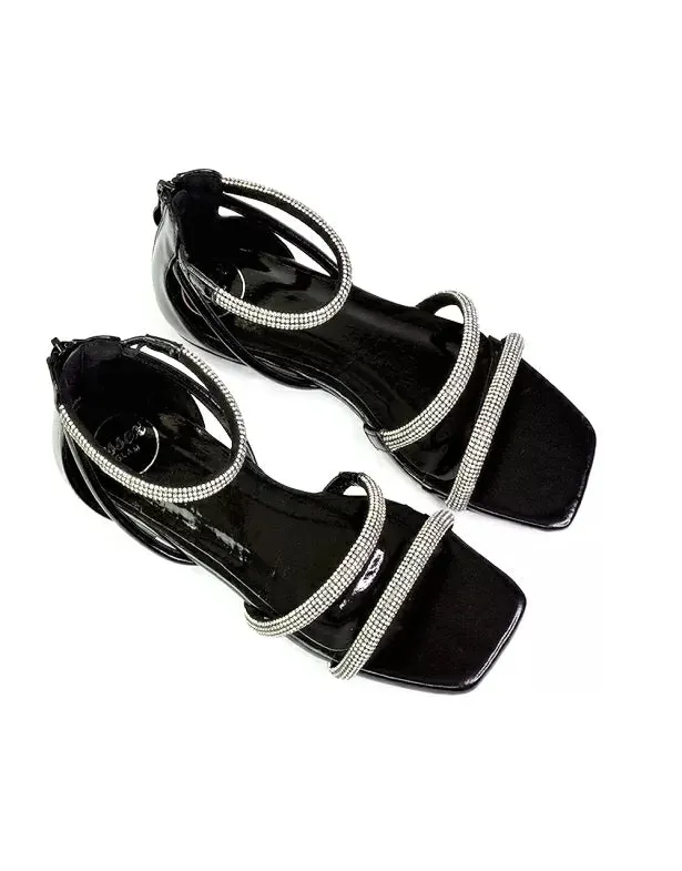 Esma Strappy Diamante Flat Sandals with A Square Toe in SIlver