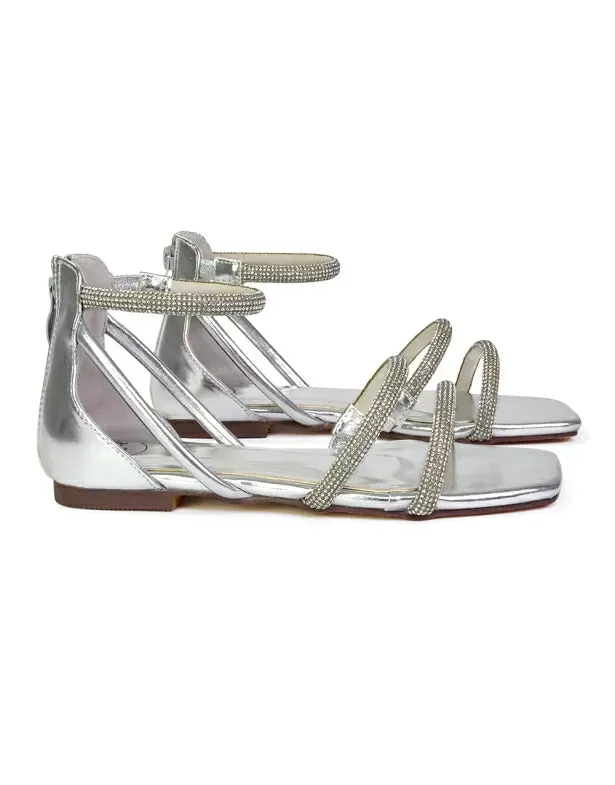 Esma Strappy Diamante Flat Sandals with A Square Toe in SIlver