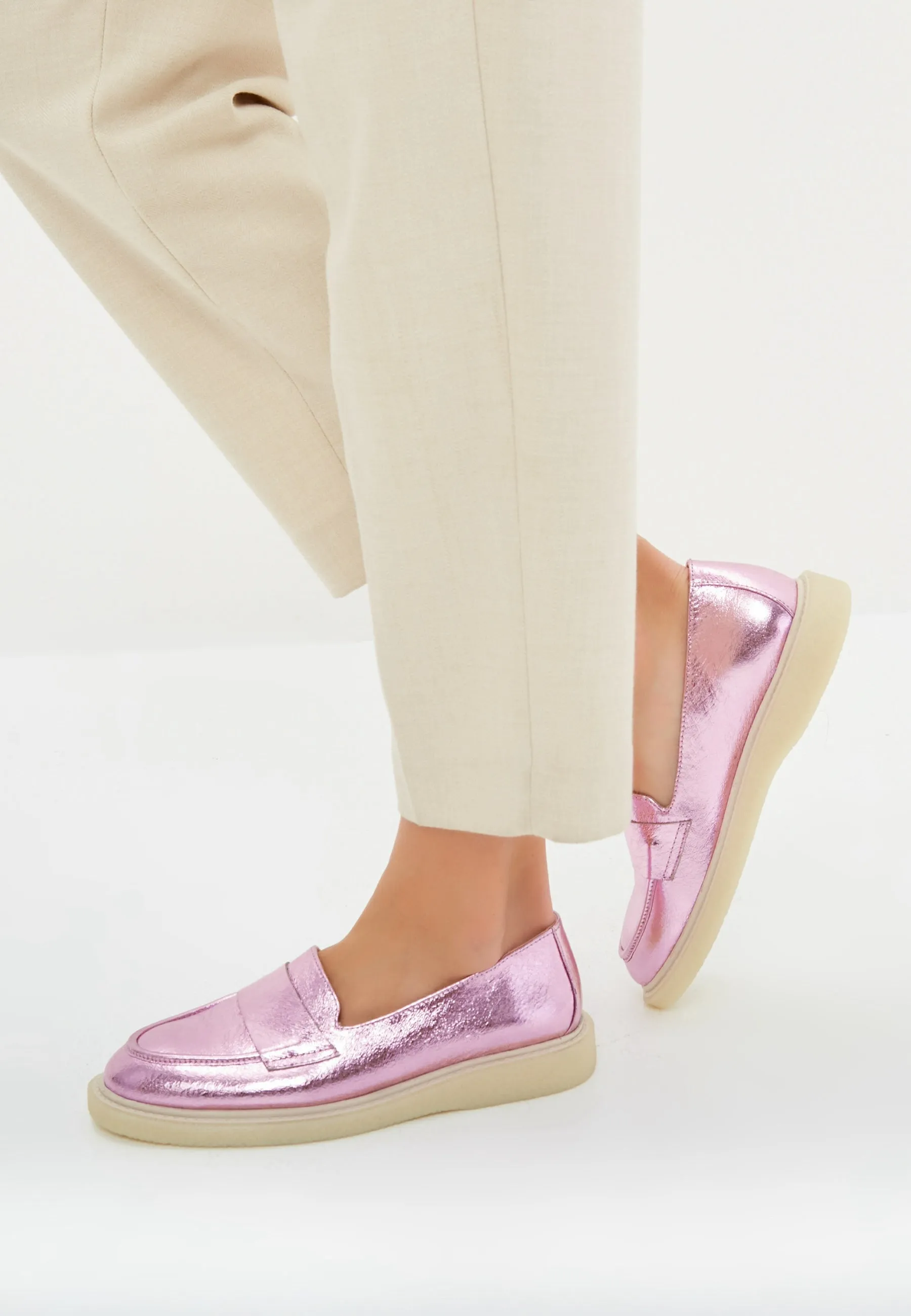 Flat Sole Loafers - Metallic Pink