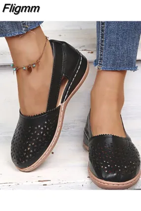 Fligmm Vintage Hollow Out Wedges Casual Shoes Women Summer Pu Leather Loafers Shoes Woman Plus Size 43 Lightweight Slip-On Flats