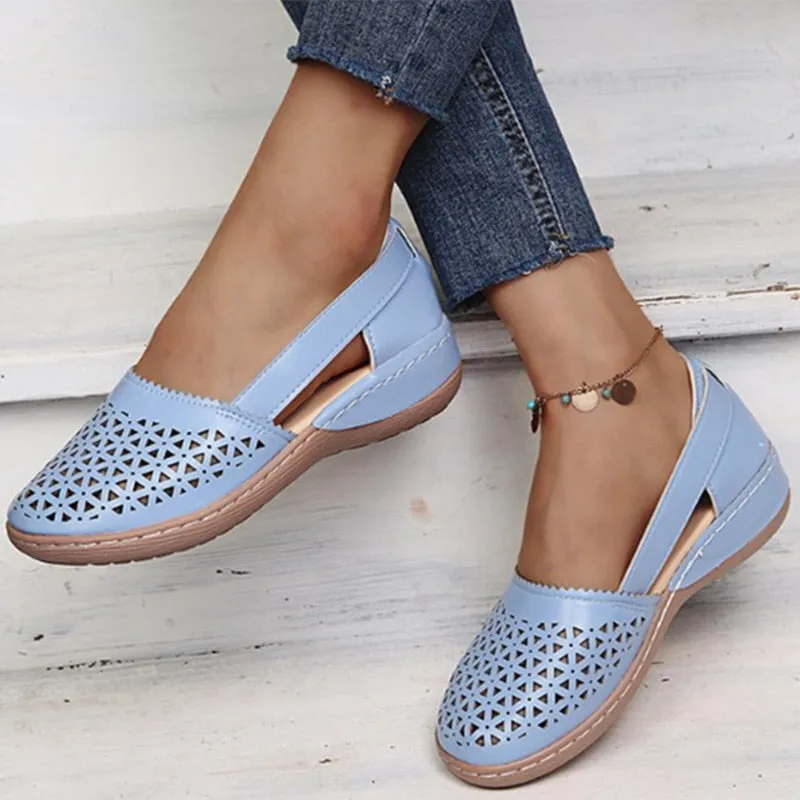 Fligmm Vintage Hollow Out Wedges Casual Shoes Women Summer Pu Leather Loafers Shoes Woman Plus Size 43 Lightweight Slip-On Flats