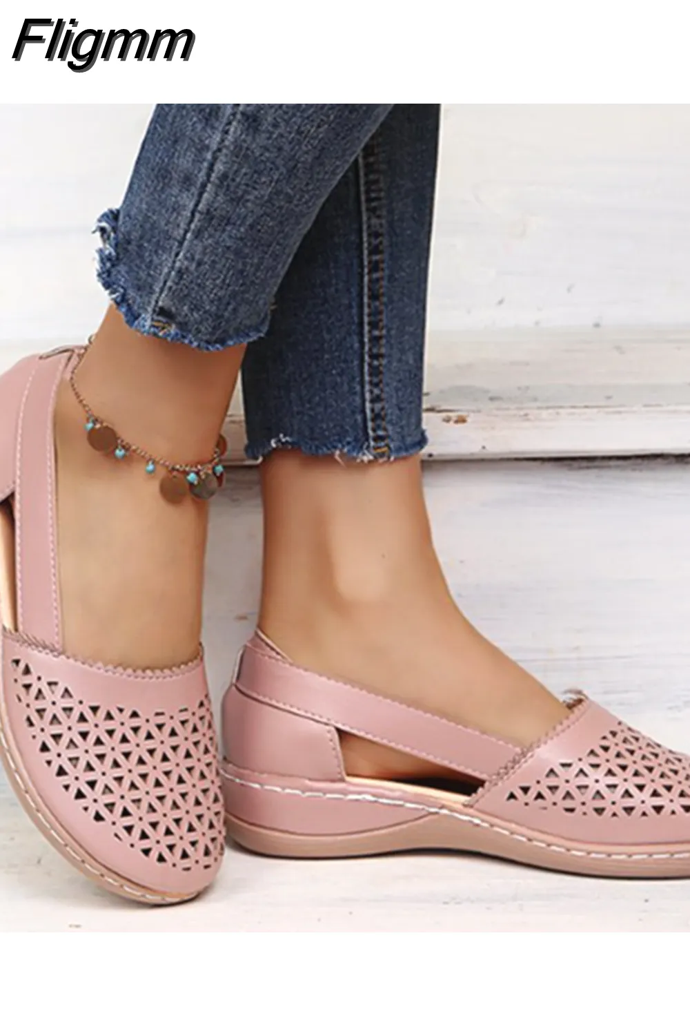 Fligmm Vintage Hollow Out Wedges Casual Shoes Women Summer Pu Leather Loafers Shoes Woman Plus Size 43 Lightweight Slip-On Flats