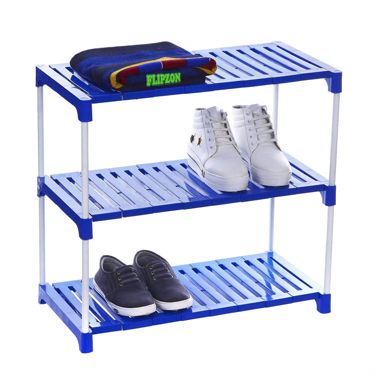 FLIPZON 3 Step Strong Foster Rack Organizer for Shoe/Clothes/Books | Need to Be Assemble - DIY | Metal & Plastic | Blue & white